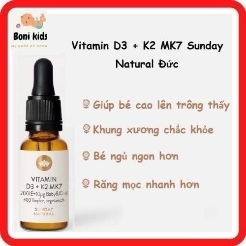 VITAMIN D3 K2 MK7 SUNDAY NATURAL ĐỨC 20ML BỔ SUNG CHO TRẺ TỪ SƠ SINH ĐẾN 4 TUỔI, D3K2 TĂNG HẤP THỤ C