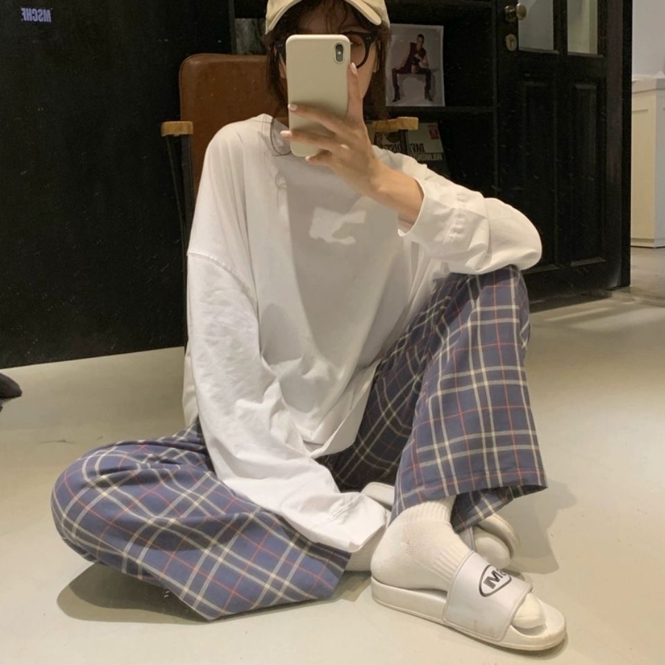 Jiashucheng Quần Dài Ống Rộng Lưng Cao Dáng Suông Cỡ Lớn Kẻ Sọc Ca Rô Thời Trang Mùa Hè Cho Nữ