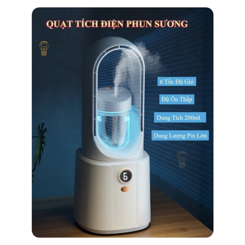 Quạt Tích Điện Phun Sương _ Quạt Không Cánh 6 Chế Độ Làm Mát Nhanh Chóng