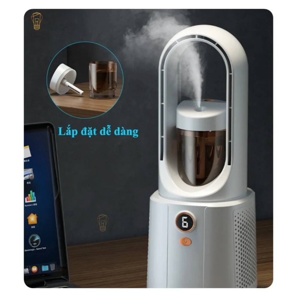 Quạt Tích Điện Phun Sương _ Quạt Không Cánh 6 Chế Độ Làm Mát Nhanh Chóng