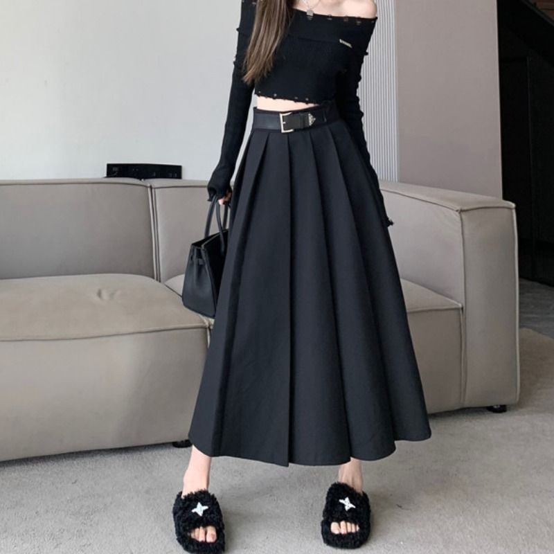 Jiashucheng Chân Váy Chữ a Xếp Ly Lưng Cao Màu Đen Thời Trang Xuân Thu Cho Nữ @ -