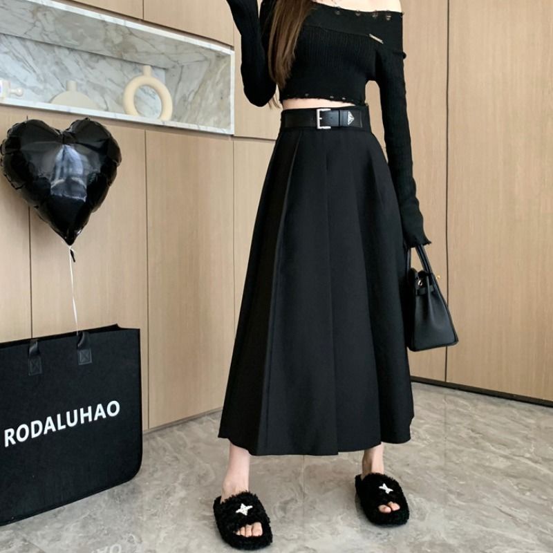 Jiashucheng Chân Váy Chữ a Xếp Ly Lưng Cao Màu Đen Thời Trang Xuân Thu Cho Nữ @ -