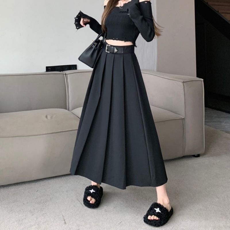 Jiashucheng Chân Váy Chữ a Xếp Ly Lưng Cao Màu Đen Thời Trang Xuân Thu Cho Nữ @ -