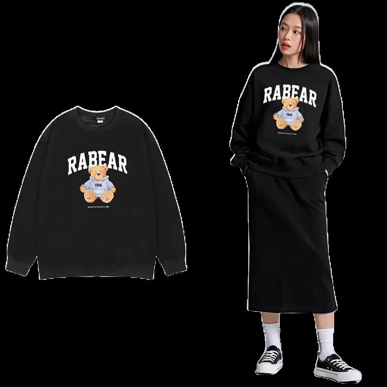 Áo nỉ sweater cổ tròn tay dài RABEAR dáng rộng màu đen thời trang cho nam nữ KOMYLA