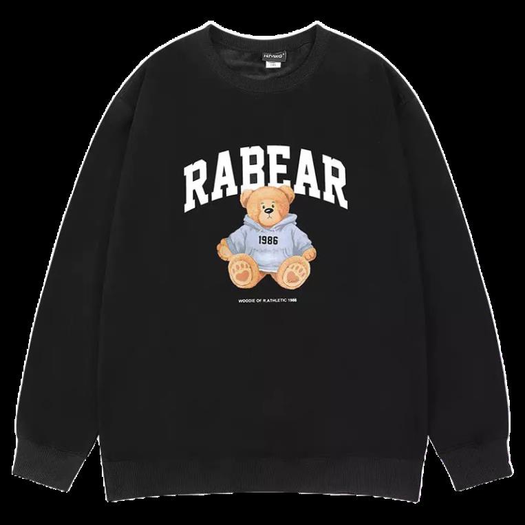 Áo nỉ sweater cổ tròn tay dài RABEAR dáng rộng màu đen thời trang cho nam nữ KOMYLA