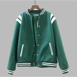Áo Bomber Teddy Xanh Tay Viền Trắng, Áo Khoác Bomber Xanh Trắng Nỉ