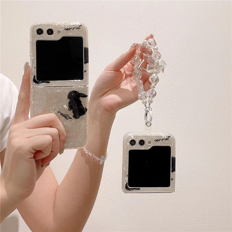 Ốp Z Flip5 - Z Flip4 - Z Flip3 - Flip5 5G vân đá hình thỏ lấp lánh dễ thương kèm dây acrylic nơ cute