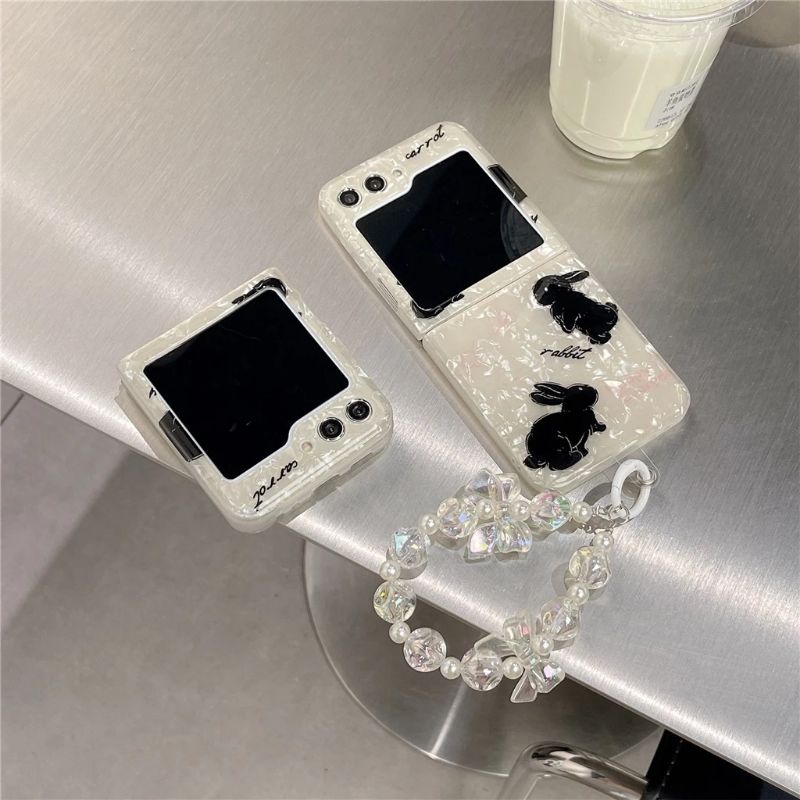 Ốp Z Flip5 - Z Flip4 - Z Flip3 - Flip5 5G vân đá hình thỏ lấp lánh dễ thương kèm dây acrylic nơ cute