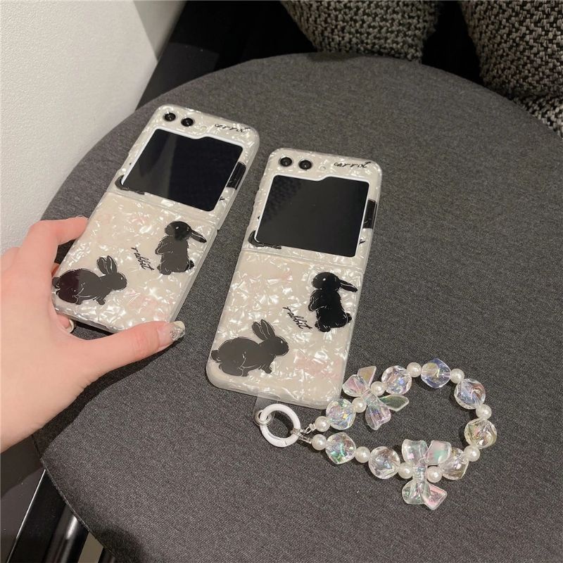 Ốp Z Flip5 - Z Flip4 - Z Flip3 - Flip5 5G vân đá hình thỏ lấp lánh dễ thương kèm dây acrylic nơ cute