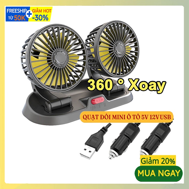 Quạt ô tô đôi mini 5v, 12v, 24v đầu tẩu, usb xoay 360 cho xe tải, xe con