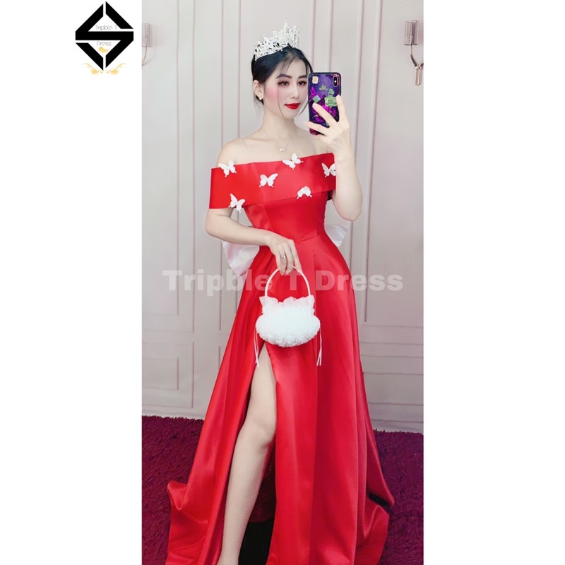 Đầm maxi cưới TRIPBLE T DEESS bẹt vai kết hoa ren trắng xẻ đùi - size S/M/L