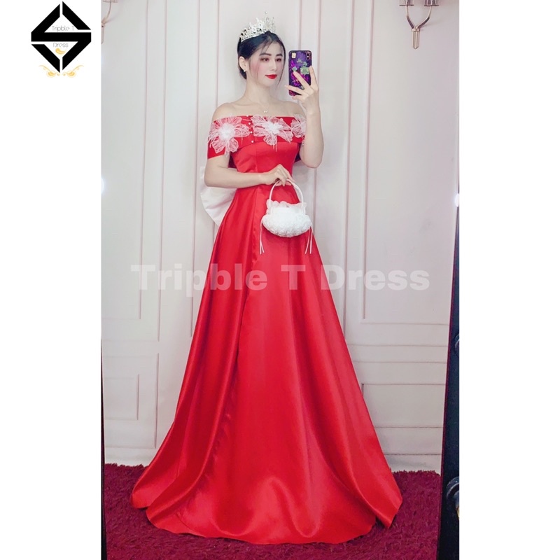 Đầm maxi cưới TRIPBLE T DEESS bẹt vai kết hoa ren trắng xẻ đùi - size S/M/L