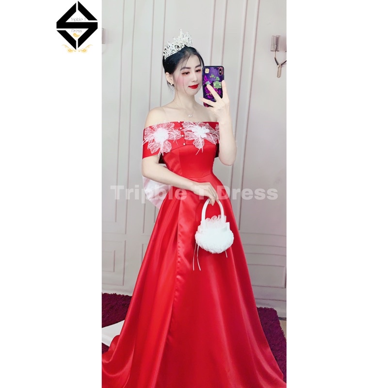 Đầm maxi cưới TRIPBLE T DEESS bẹt vai kết hoa ren trắng xẻ đùi - size S/M/L