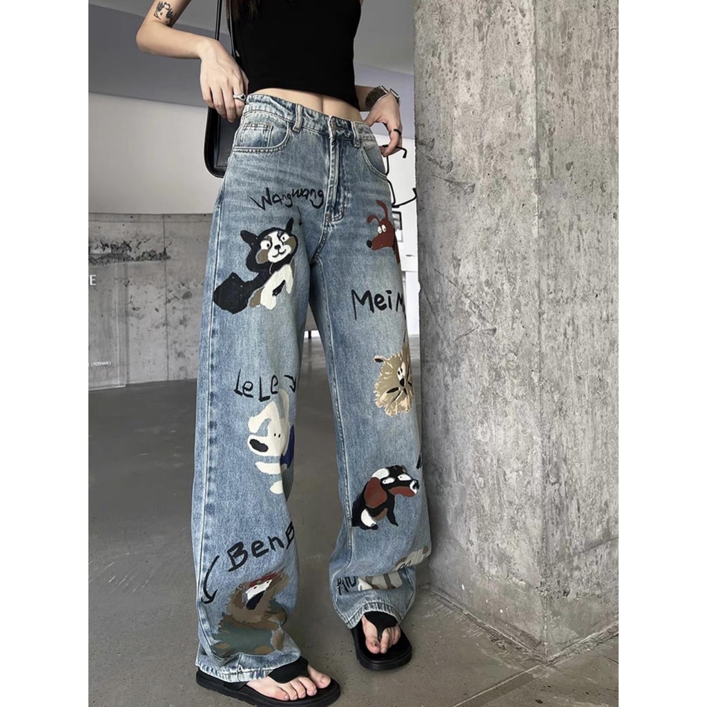 Hoạt Hình Quần jeans Nữ Lưng Cao Ống Rộng Thời Trang