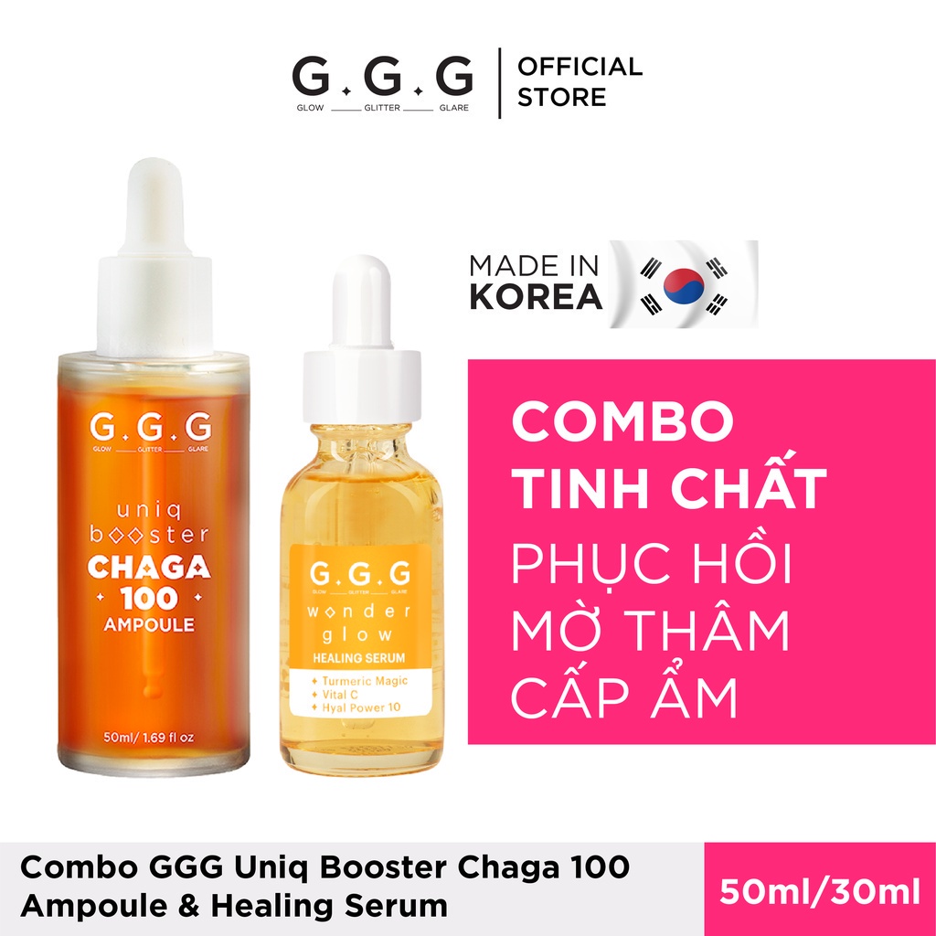 Combo Tinh Chất Phục Hồi Da Khỏe & Mờ Thâm Giảm Mụn GGG Booster Chaga 100 Ampoule & Healing Serum 50ml x 30ml