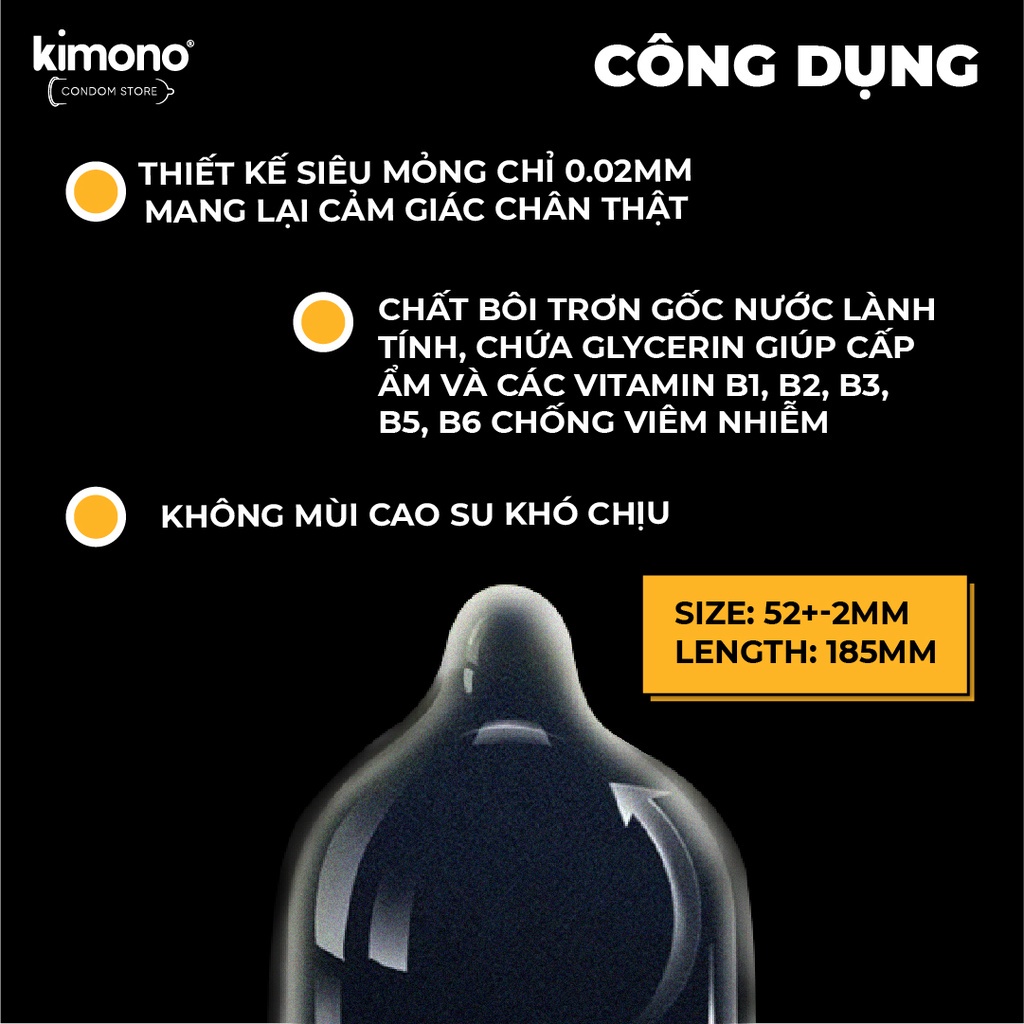 Bao cao su Kimono siêu mỏng 0.02 mm màu vàng Gold chứa vitamin B cấp ẩm bôi trơn  - Hộp 3&12 BCS