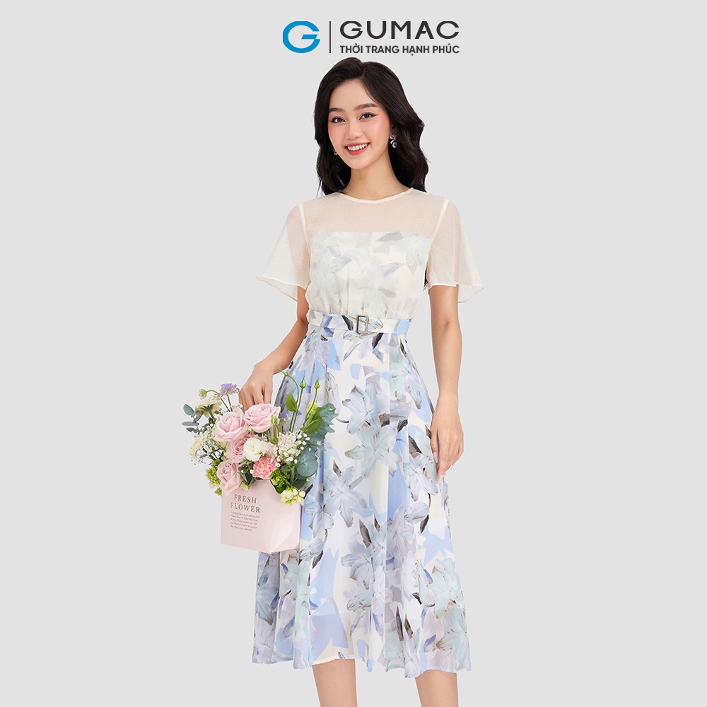 Đầm hoa phối vải tay loe GUMAC DD03044