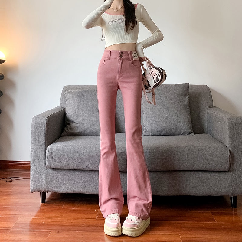 Jiashucheng Quần Jean Nữ Ống Loe Lưng Cao Co Giãn Màu Hồng Phong Cách Mới Mùa Thu