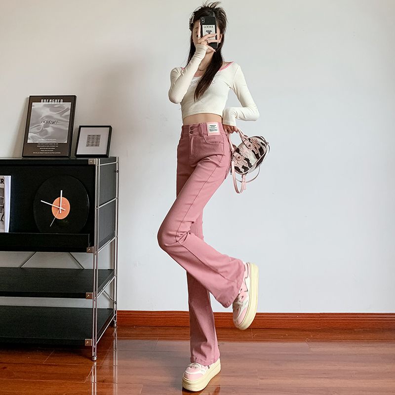 Jiashucheng Quần Jean Nữ Ống Loe Lưng Cao Co Giãn Màu Hồng Phong Cách Mới Mùa Thu