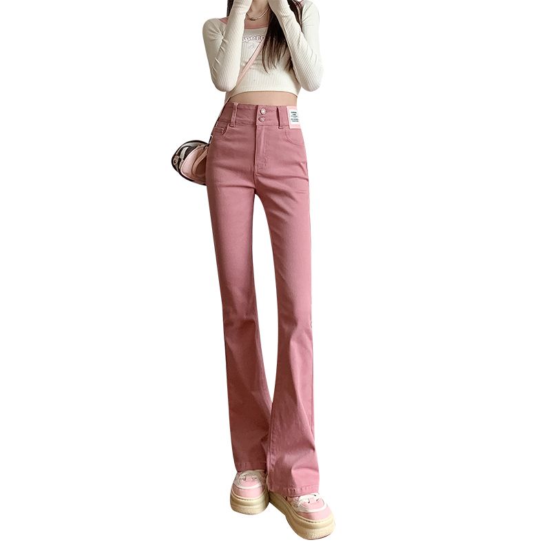 Jiashucheng Quần Jean Nữ Ống Loe Lưng Cao Co Giãn Màu Hồng Phong Cách Mới Mùa Thu