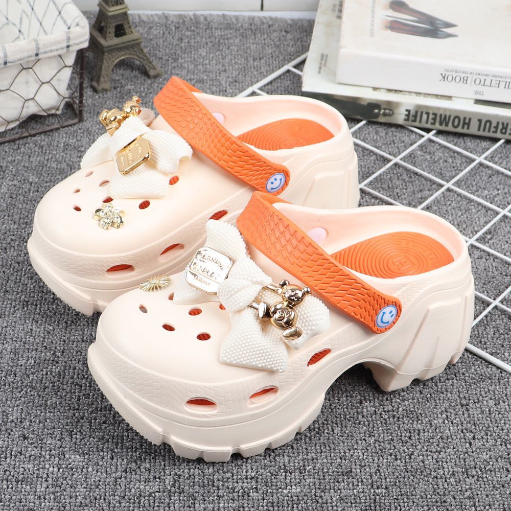 Crocs Dép Sandal Đế Dày Tăng Chiều Cao Đính Nơ Hoa Thời Trang Mùa Hè Cho Bé Gái