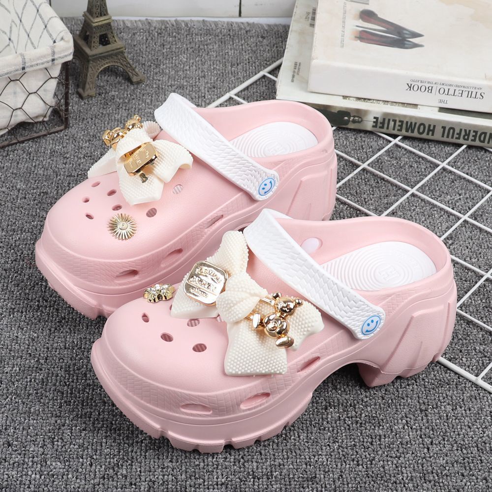 Crocs Dép Sandal Đế Dày Tăng Chiều Cao Đính Nơ Hoa Thời Trang Mùa Hè Cho Bé Gái