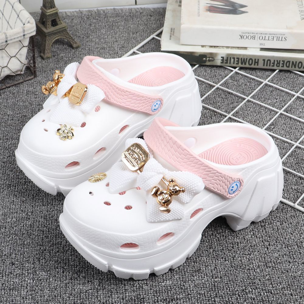 Crocs Dép Sandal Đế Dày Tăng Chiều Cao Đính Nơ Hoa Thời Trang Mùa Hè Cho Bé Gái