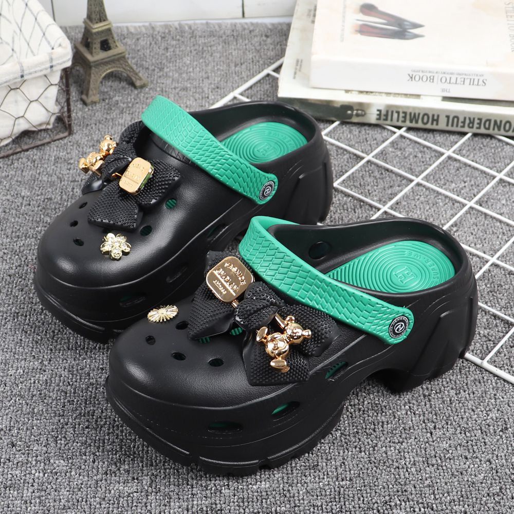 Crocs Dép Sandal Đế Dày Tăng Chiều Cao Đính Nơ Hoa Thời Trang Mùa Hè Cho Bé Gái