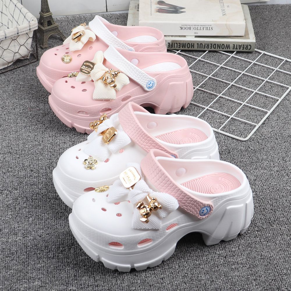 Crocs Dép Sandal Đế Dày Tăng Chiều Cao Đính Nơ Hoa Thời Trang Mùa Hè Cho Bé Gái