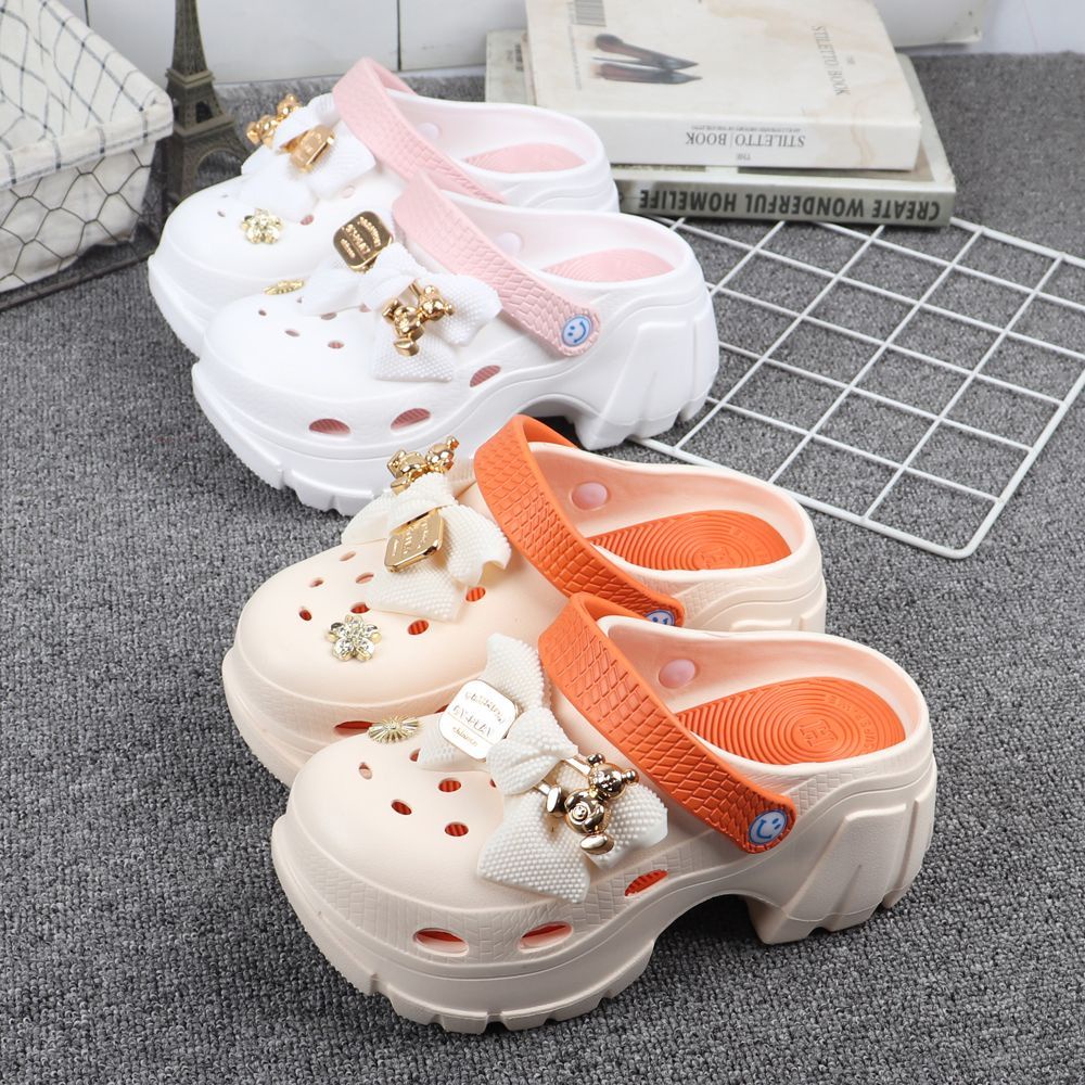 Crocs Dép Sandal Đế Dày Tăng Chiều Cao Đính Nơ Hoa Thời Trang Mùa Hè Cho Bé Gái