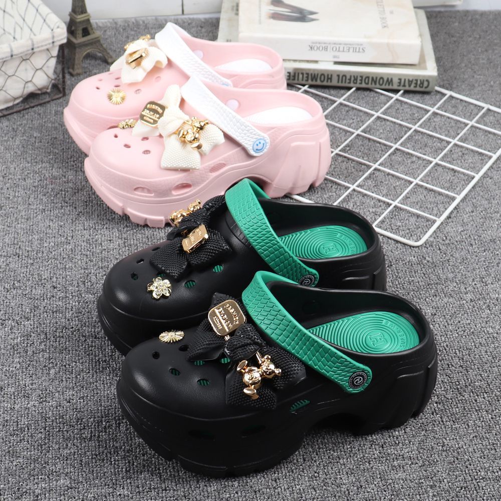 Crocs Dép Sandal Đế Dày Tăng Chiều Cao Đính Nơ Hoa Thời Trang Mùa Hè Cho Bé Gái