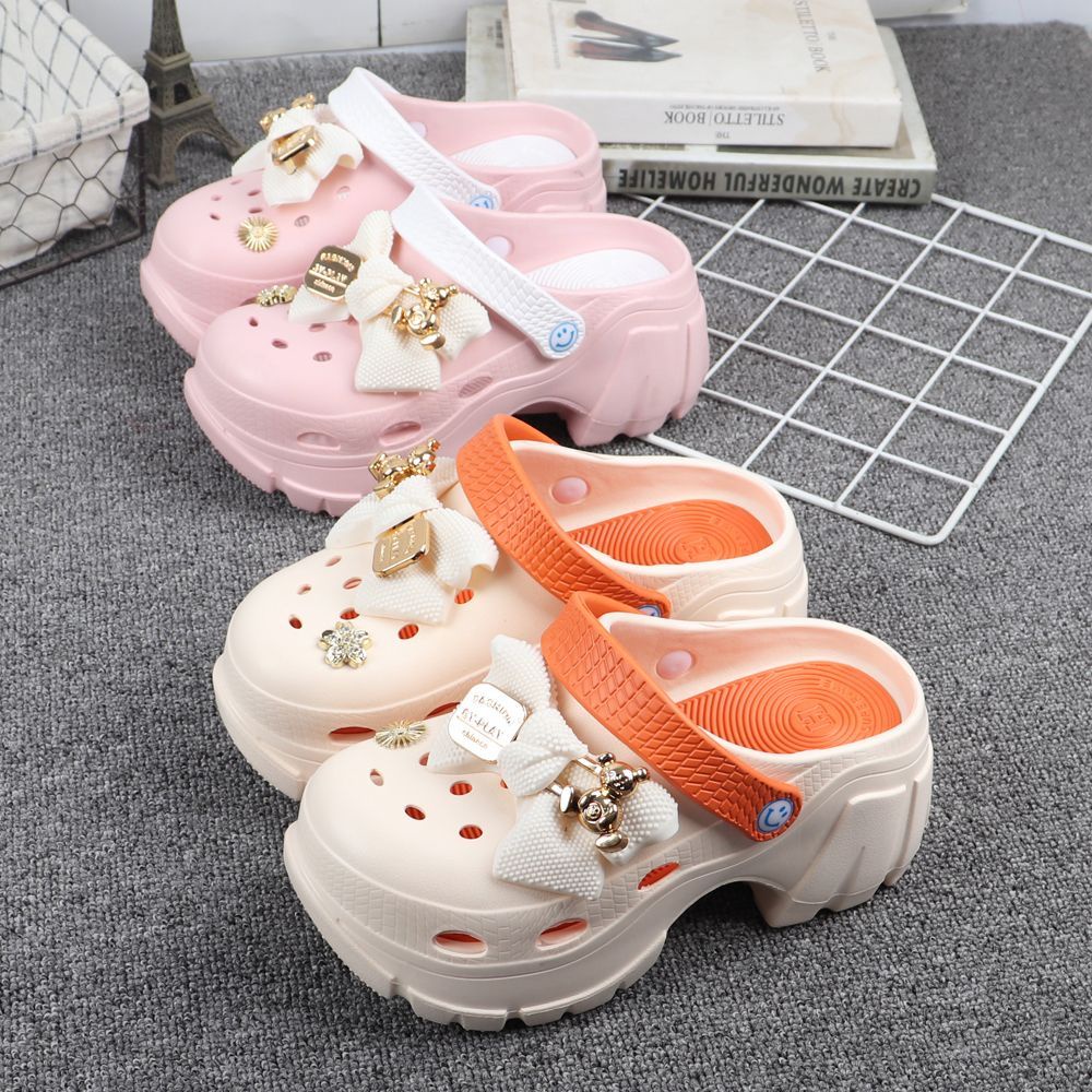 Crocs Dép Sandal Đế Dày Tăng Chiều Cao Đính Nơ Hoa Thời Trang Mùa Hè Cho Bé Gái