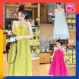 Đầm suông hai dây cổ yếm cổ thắt bím phối hoa siêu đẹp nữ tính - M7