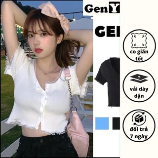 Áo Croptop Ngắn Tay Cổ Vuông GenY Ảo Kiểu Nữ Ôm Body Nút Phối Ren Chất Thun Gân Co GiảnThoải Mái -V4-