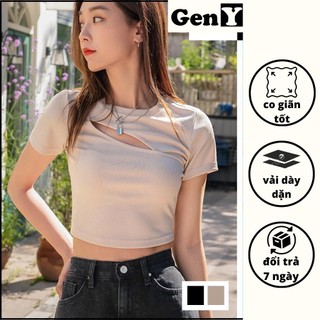 Áo thun nữ ngắn tay kiểu khoét ngực GenY, Áo kiểu nữ cổ tròn ôm body thiết kế cực xinh xắn KN1