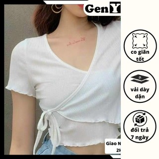 Áo Croptop Nữ Đắp Chéo Tà GenY Áo Kiểu Nữ Cổ V Chất Len Tăm Dày Dặn -V7-