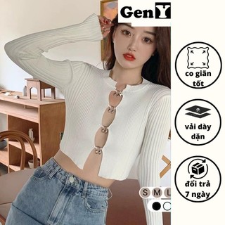 Áo cardigan croptop tay dài khoét lỗ phối khuyên GenY, Áo kiểu nữ tay dài cổ tròn chất dệt kim phong cách Hàn Quốc -ADT9