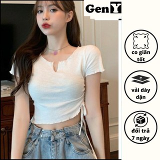 Áo croptop nữ ngắn tay cổ V rút dây 1 bên GenY - Áo mặc hè nữ chất thun gân nhiều màu co giãn tốt mặc thoải mái -V1-