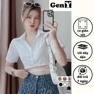 Áo sơ mi croptop quấn dây eo cực tôn dáng GenY, Áo croptop sơ mi phối dây eo chất kate siêu xịn -SM4-
