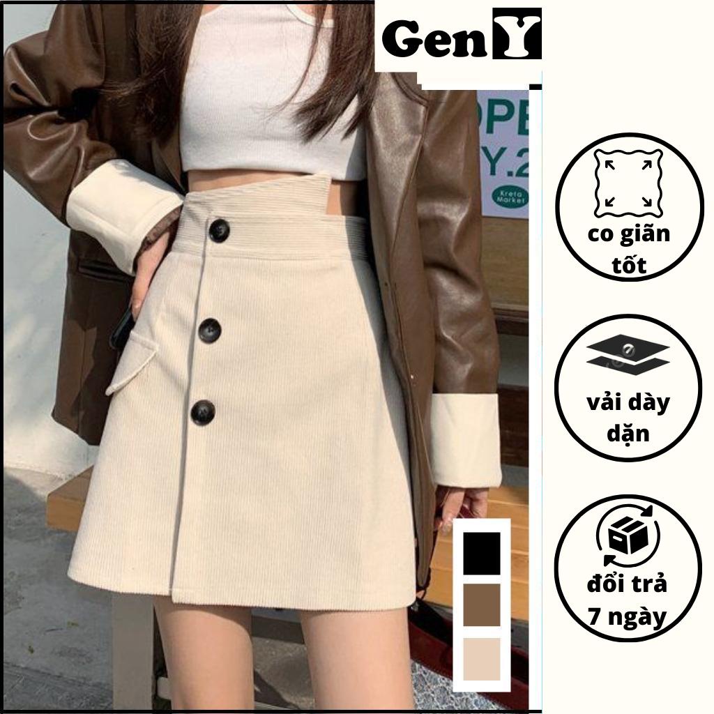 Chân váy chữ A cạp cao GenY, Quần giả váy vải nhung tăm phối nút giả cực xinh CV6