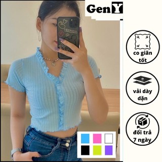 Áo Croptop Nữ Ngắn Tay Cổ chữ V GenY - Áo Kiểu Nữ Ôm Nút Giả Nhiều Màu Chất Thun Gân Mềm Mịn -V3-