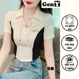 Áo croptop nữ GenY ngắn tay cổ bẻ vạt bầu phối màu đặc sắc, Áo kiểu nữ cổ V phối phụ kiện cực xinh -C27-
