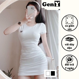 Váy body thêu bướm ngay ngực GenY, Đầm dáng ôm Nhún 2 Bên tôn dáng cực xinh DAM3