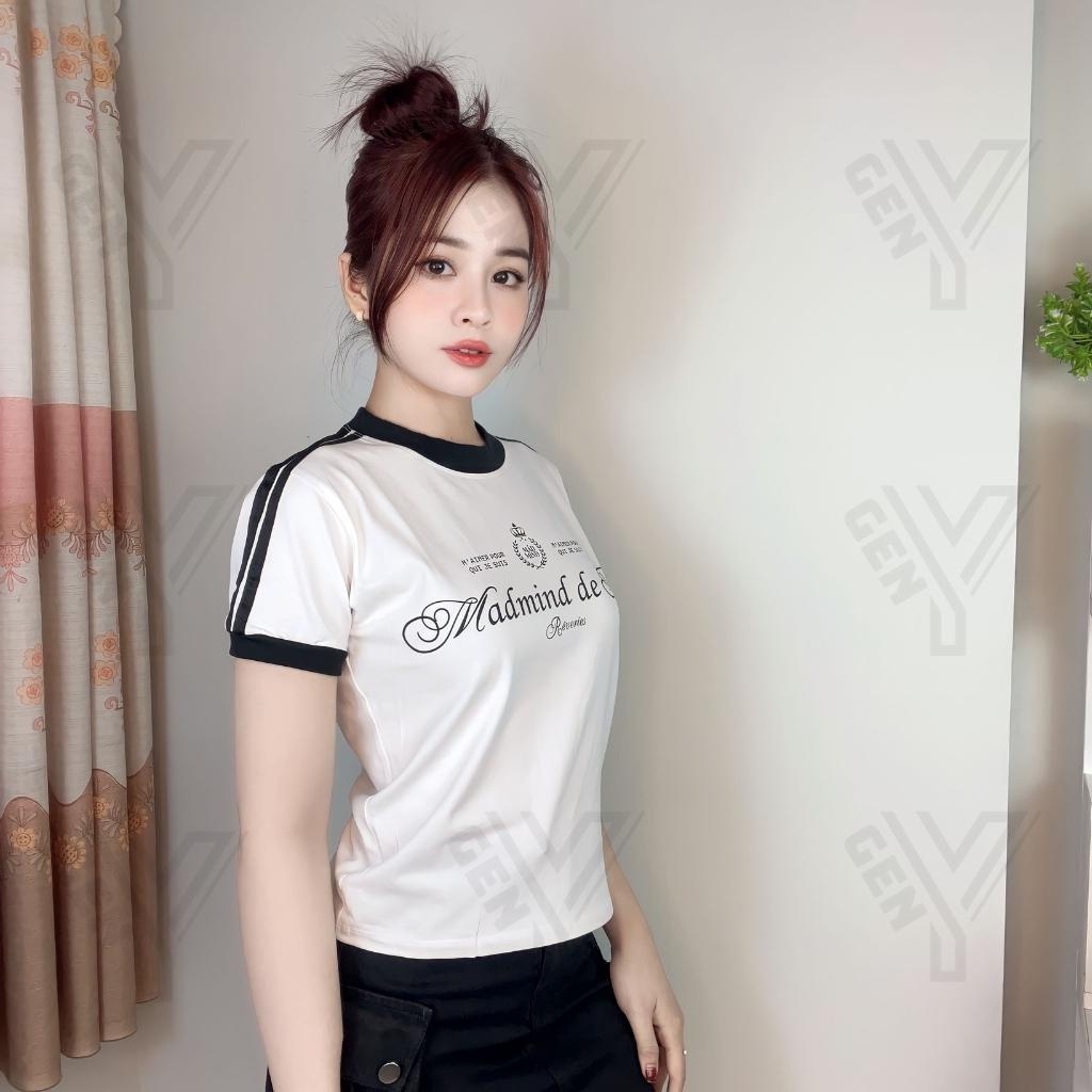 Áo baby tee nữ GenY phối viền tay 2 sọc hottrend, Áo thun nữ form baby tee in chữ Paris, cover by MADMIND®  -BB9-