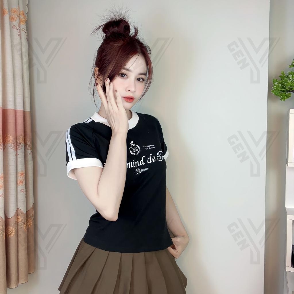 Áo baby tee nữ GenY phối viền tay 2 sọc hottrend, Áo thun nữ form baby tee in chữ Paris, cover by MADMIND®  -BB9-