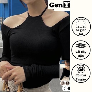Áo trễ vai tay dài cổ yếm buộc dây GenY, áo kiểu nữ khoét vai dài tay, vạt bầu hack eo cực xinh -ADT11-