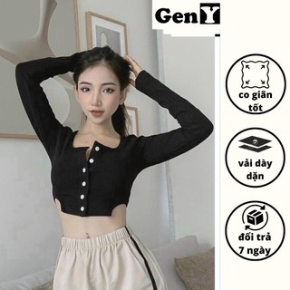 Áo croptop tay dài cổ vuông GenY - Áo kiểu nữ ôm body phối nút chất thun gân mềm mịn