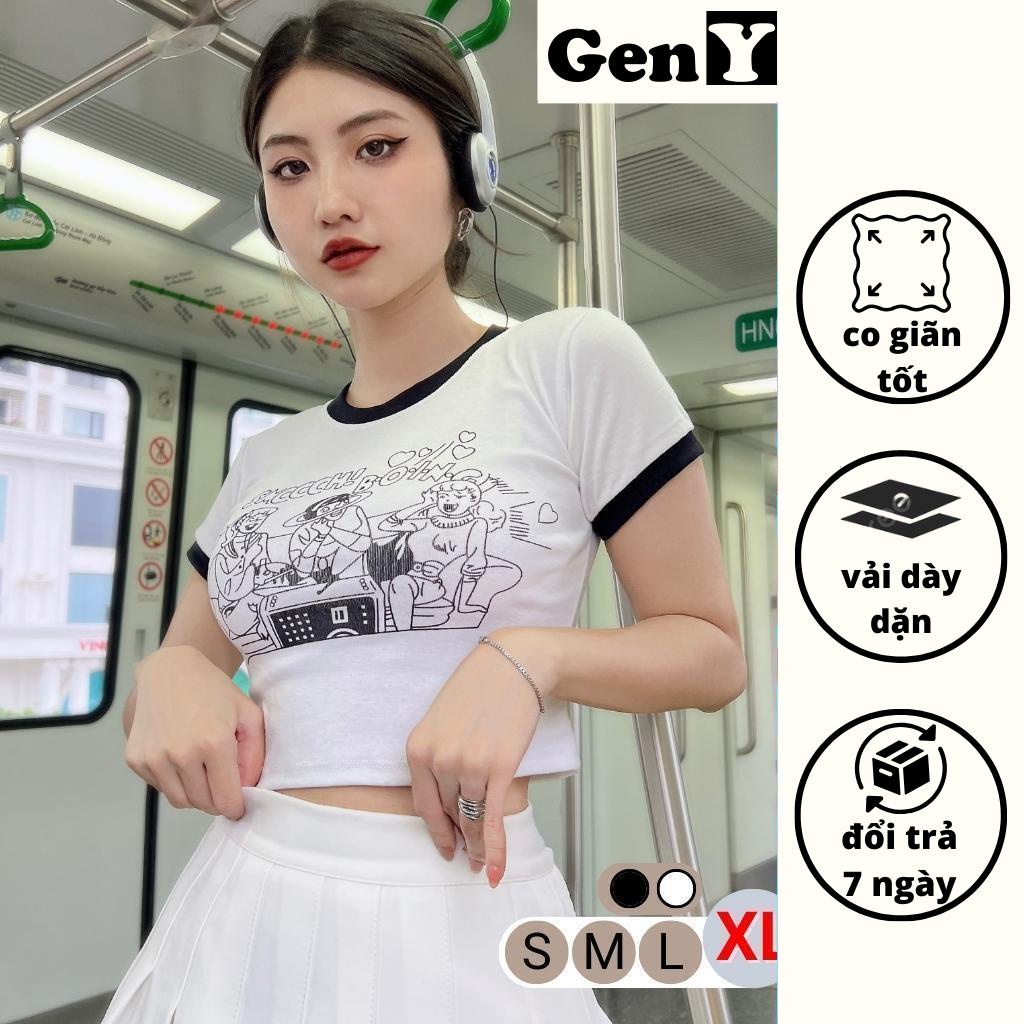Áo croptop nữ GenY ngắn tay cổ tròn phối viền trắng đen, Áo kiểu nữ ôm body in hình Smooch Tim cực xinh -C34-