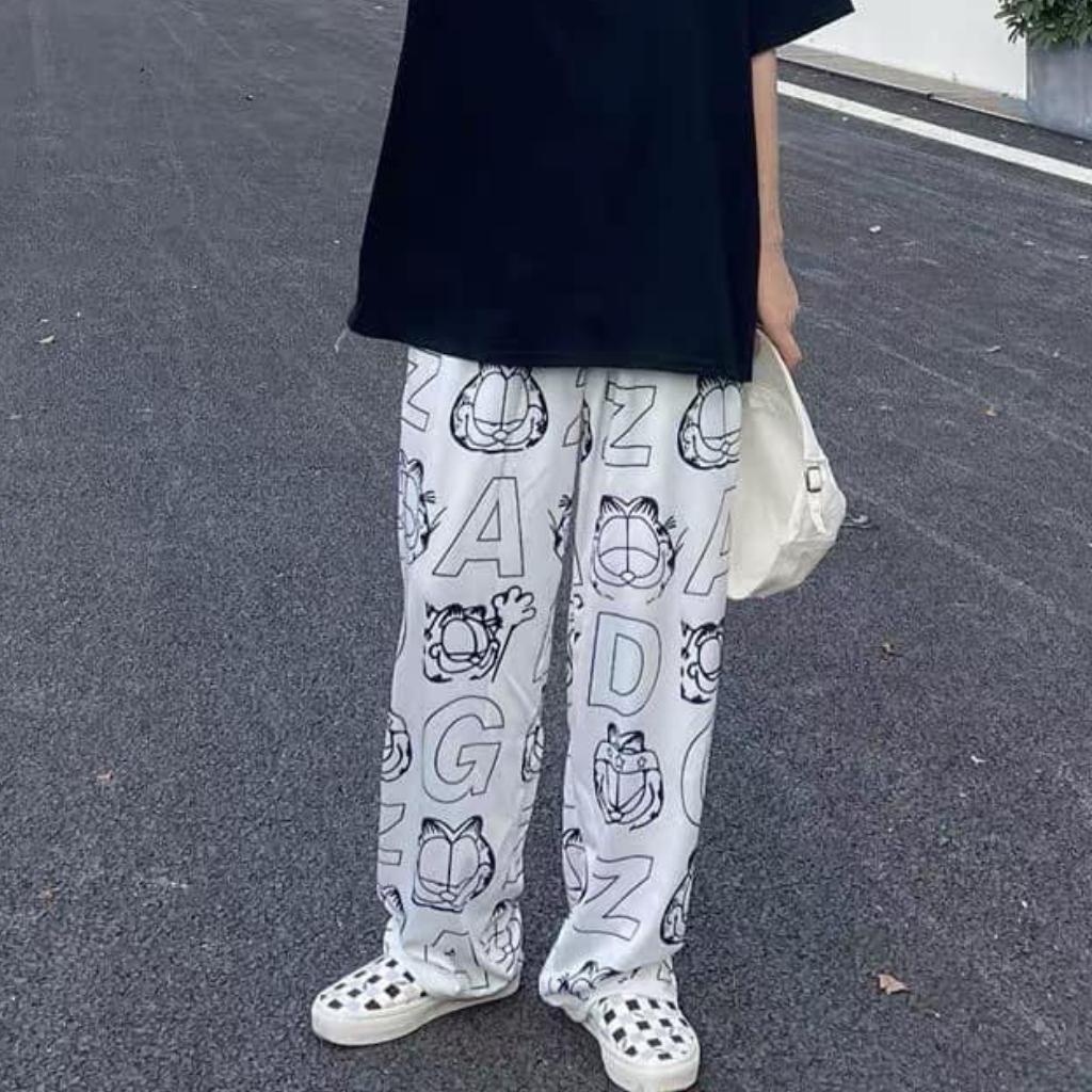 Quần suông ống rộng nữ hoạ tiết Cartoon hình mèo cực đẹp GenY, Quần ống rộng unisex nam nữ QD5