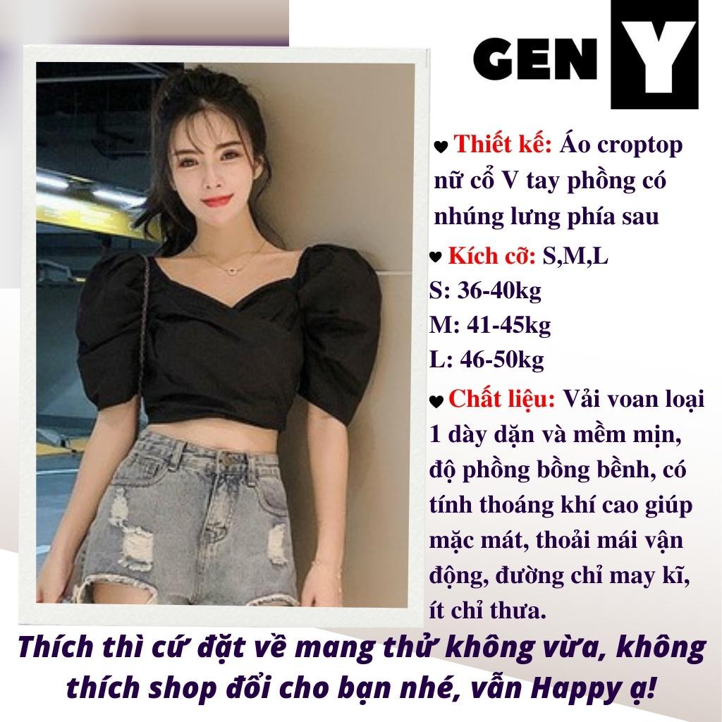 Áo croptop nữ tay phồng nhúng sau lưng ôm dáng GenY, Áo kiểu nữ đắp chéo ngực phong cách tiểu thư -C17-